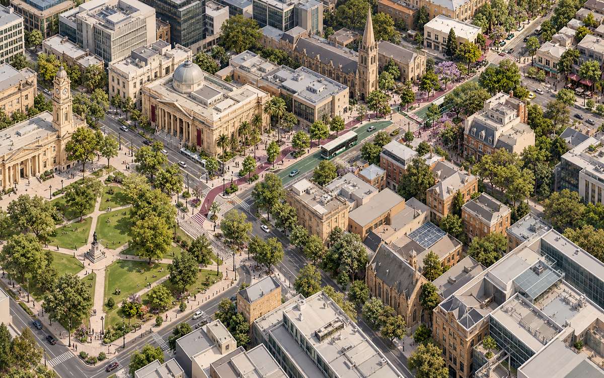 Editorial aerial illustration of central Adelaide streets and public transport connections