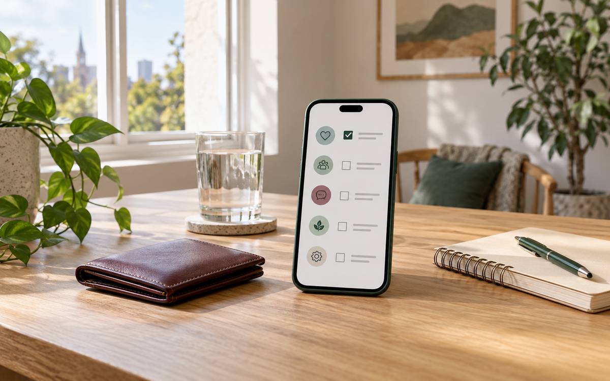 Calm support-planning scene with a phone checklist, wallet, water and notebook